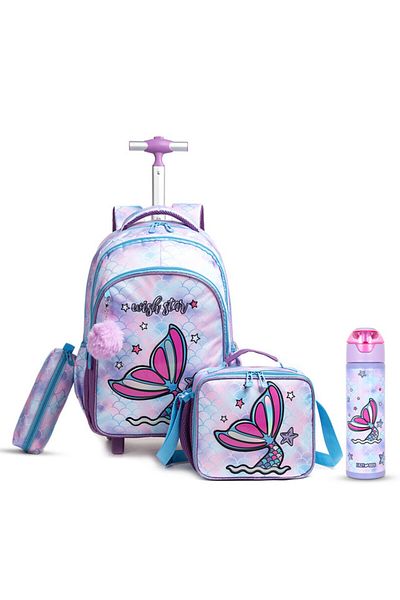 Eazy Kids مجموعة من 4 حقائب مدرسية بعجلات مقاس 18 بوصة مع زجاجة ماء وحقيبة غداء وحافظة أقلام - حورية البحر أرجوانية