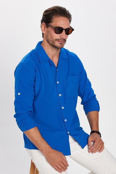 Tudors Ανδρικό Relax Fit Relaxed Cut 100% βαμβακερό λινό υφή Απασ Μπλε πουκάμισο με γιακά