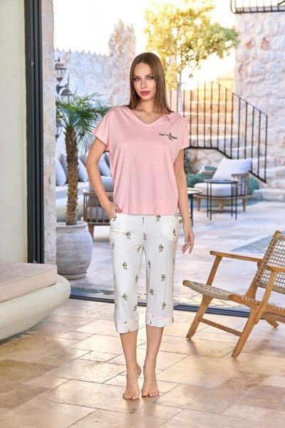 Cossy By Aqua 25671 Women's Rose Pattern Short Sleeve Rose Pattern Pajama Capri Set