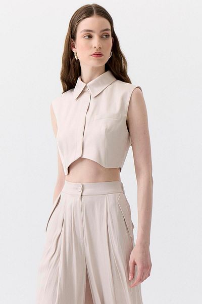 rue. Asymmetric Cut Sleeveless Ecru Blouse