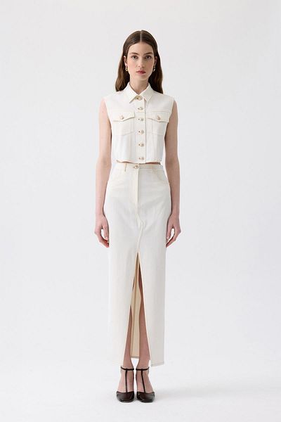 rue Long Ecru Skirt with Slit Detail