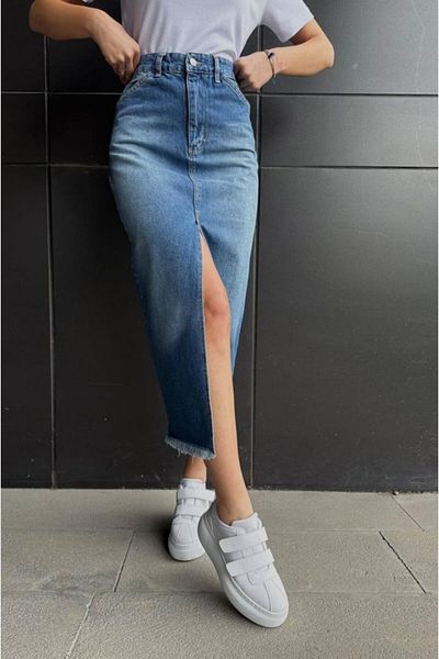 Viyamo Fusta albastră din denim cu fantă