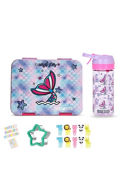 Eazy Kids صندوق غداء بينتو قابل للتحويل لـ 6 و4 أشخاص مع زجاجة مياه ومجموعة قاطعة شطائر - حورية البحر أرجواني