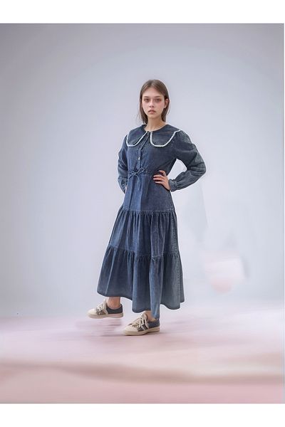Asortix Rochie pentru copii din denim pentru fete, 100% bumbac, grosime medie - Rochie lungă elegantă și confortabilă