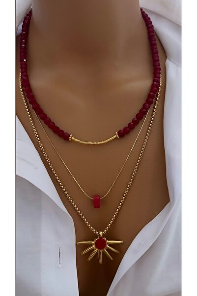 Nevaa Still Kristal boncuk altın kaplama zincir üçlü tasarım bujiteri kolye set