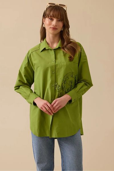 SEÇİL Πράσινο πουκάμισο Oversize - λεπτομερές με κουμπιά για γυναίκες