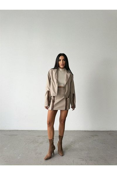 modaserdem Leather Zipper Detail Skirt - Stone