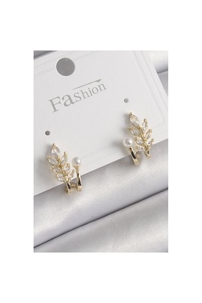 Skygo Gold Color Zircon Stone Leaf Model Grow with Pearl Detail Earrings
