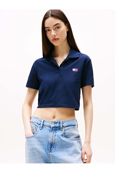 Tommy Hilfiger Kadın Gömlek Yaka Kısa Kol Crop Pamuklu Lacivert Polo Yaka T-S...