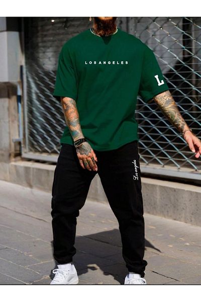 PAVRO Men's Oversize Tracksuit Suit-Shorts Losanges La Written Printed