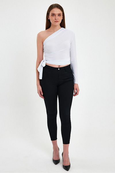 ZACHARIUZ White One Shoulder Open Long Sleeve Waist Belted Body 0074