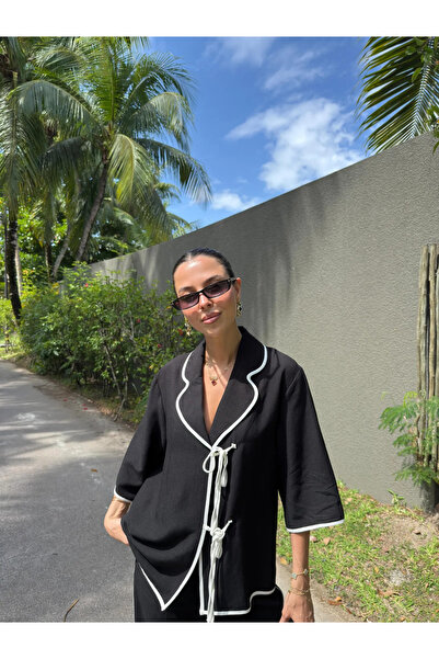 My Blog Fekete - natúr bordás blúz nadrágkosztüm - 9001