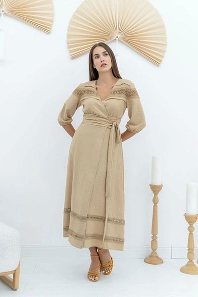 trend henna Λινό φόρεμα με λεπτομέρεια δαντέλας βιζόν