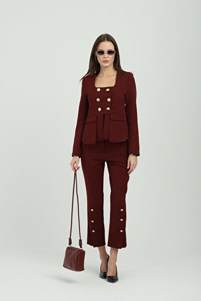 Milamia Set de damă burgundy cu nasturi aurii