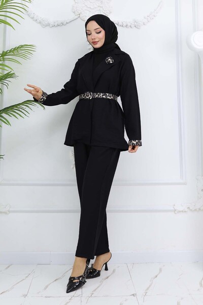 benguen Leopard Print Belted Jacket and Pants Set, Black 4718