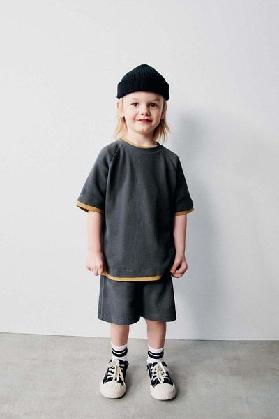 Magu Unisex Kids Waffle Seersucker Fabric T-Shirt and Shorts Set – Comfortable and Stylish Casual Combination