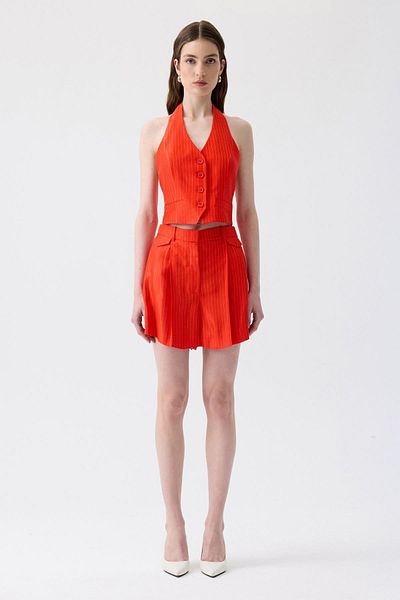 rue. Striped Mini Red Shorts with Pile Detail