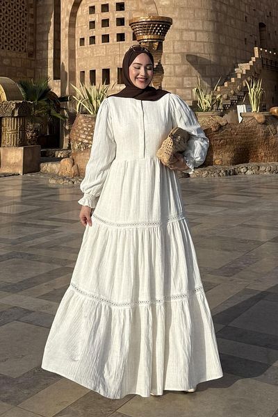 LOCCO Ecru Lace Detailed Sleeves Elastic Dress