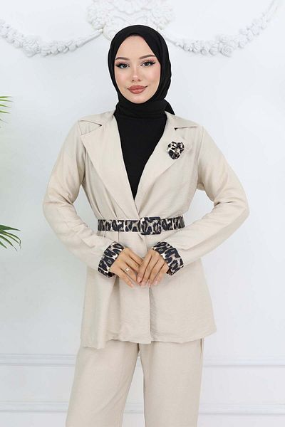 benguen Leopard Patterned Belted Jacket and Pants Set Stone Color 4718