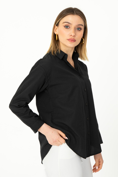 Nuevo Siyah Oxford Dokulu Rahat Kesim Kadın Gömlek – Minimal & Şık