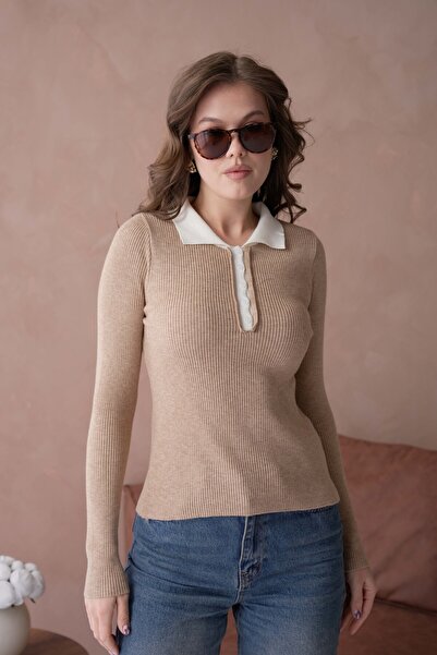 Arbucky Women's Polo Neck Buttoned Ribbed Premium Quality Knitwear Sweater