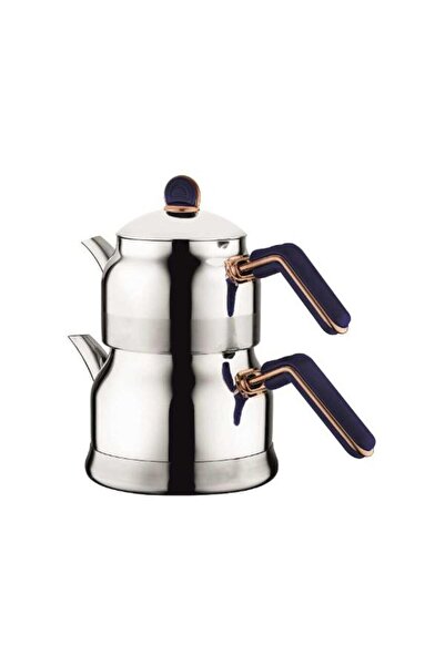 Akdeniz Tombik Elit Orta Boy Bakalit Kulp Çaydanlık Mavi Altın