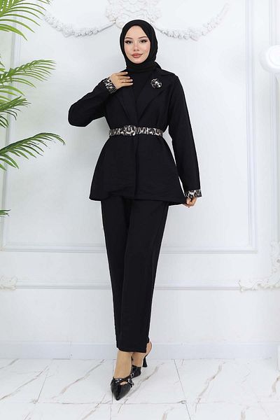 benguen Leopard Print Belted Jacket and Pants Set, Black 4718