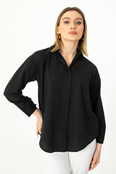 Nuevo Siyah Oxford Dokulu Rahat Kesim Kadın Gömlek – Minimal & Şık
