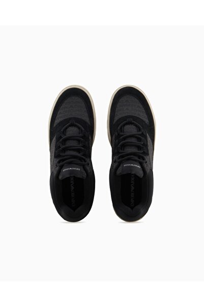 Emporio Armani Erkek %100 Sığır Derisi Logo Baskılı Süet Detaylı Siyah Sneaker X4X636 XR329-Q781
