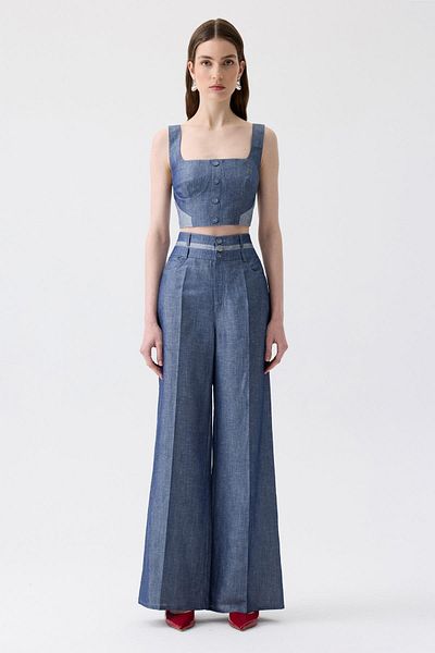 rue High Waist Wide Leg Buttoned Navy Blue Trousers