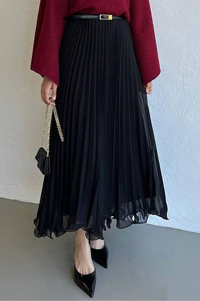 Bestenur Flared Flounce Chiffon Φούστα 1402 - Μαύρη