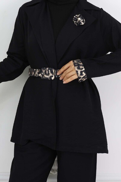 benguen Leopard Print Belted Jacket and Pants Set, Black 4718