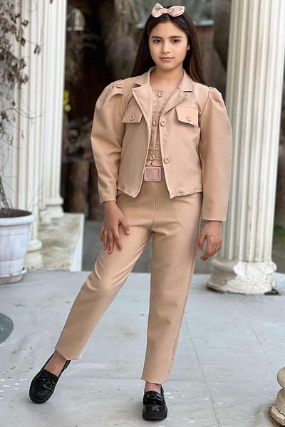 Riccotarz Girl's Sleeveless Combed Cotton Shirt Pocket Detailed Blazer Jacket Belted Trousers Cream Bottom Top Set