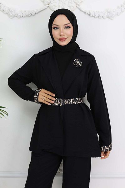 benguen Leopard Print Belted Jacket and Pants Set, Black 4718
