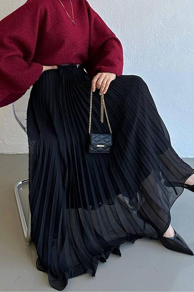 Bestenur Flared Flounce Chiffon Φούστα 1402 - Μαύρη
