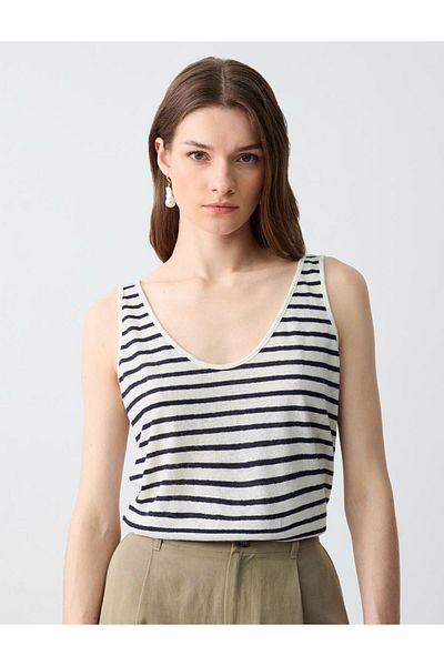 Jimmy Key Tricou de in ecru cu croială relaxată, cu decolteu în U, cu model