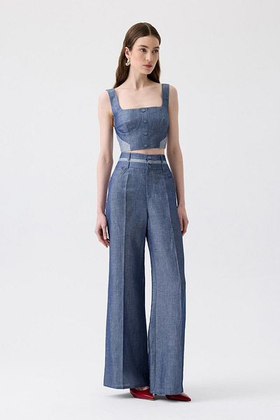 rue High Waist Wide Leg Buttoned Navy Blue Trousers