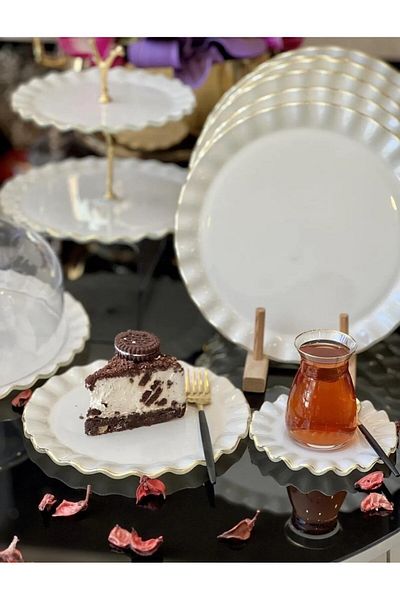 Onedekor 28 Piece Solid Cream Gold Gilded Cake Tea Serving Catering Set for 6 People