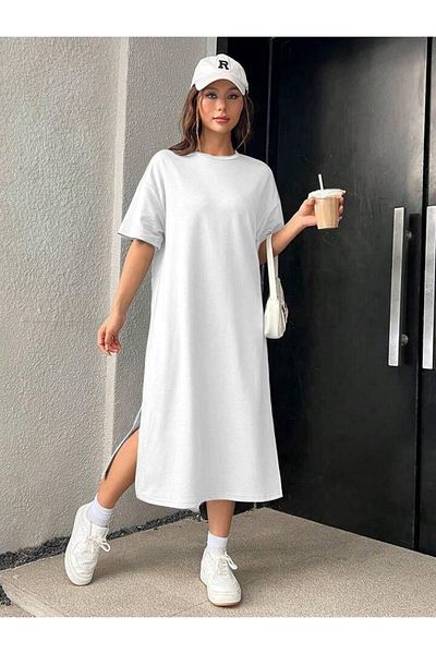 VB Steel Women's White Single Jersey Fabric Long Oversize Pattern Slit Dress