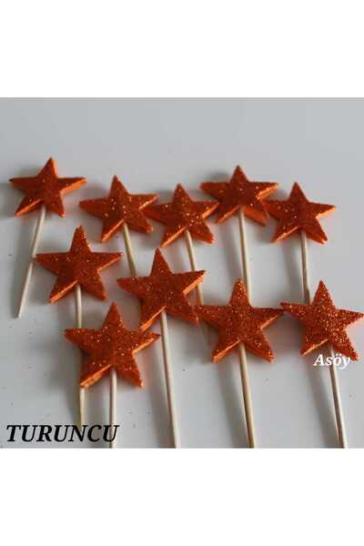 asöy Turuncu Kürdan Yıldız Simli Eva 10 adet  Cupcake Süsleri 3 Cm