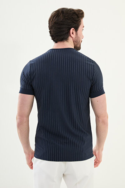 Mcr Ανδρικό μπλουζάκι με ριγέ Slim Fit Crew Neck Navy Blue - 36820.24Y