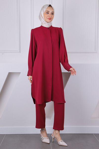 İmajButik Κοστούμι παντελόνι με ριμπ χιτώνα με μανίκια μπορντό Judge
