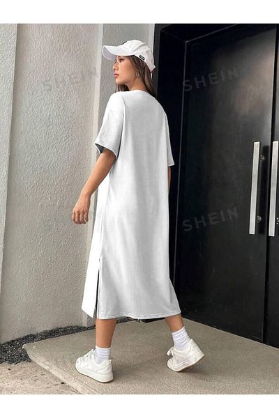 VB Steel Women's White Single Jersey Fabric Long Oversize Pattern Slit Dress