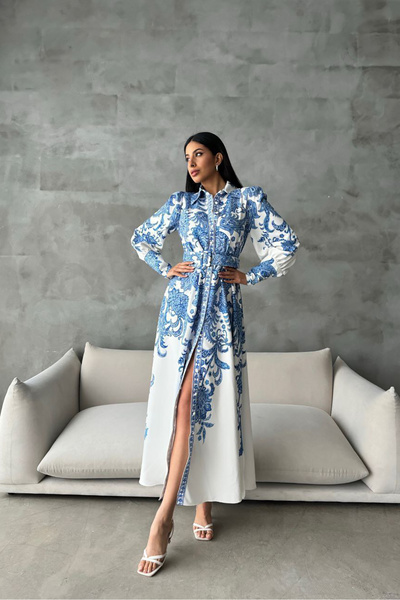 Neşeli Butik γυναικείο πουκάμισο με μακρύ σχέδιο με ζώνη NBMS4220