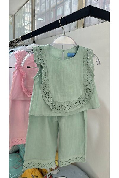 Next Baby Little Twins Cotton Mint Green Laced Linen Short Sleeve Bottom Top Set