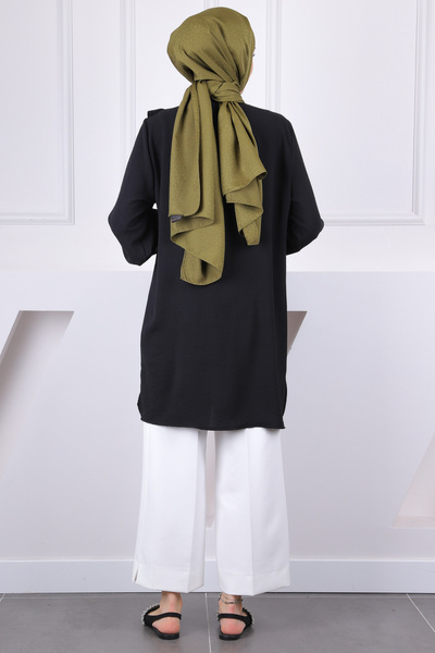 İmajButik Black Ruffled Front Ayrobin Tunic