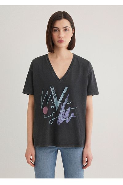 Mavi Printed Anthracite Loose Fit Istanbul T-Shirt