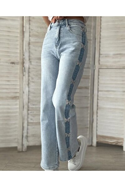 ADA MODA Blugi evazați elastici, accesorizați cu fluturi cu strasuri pe lateral