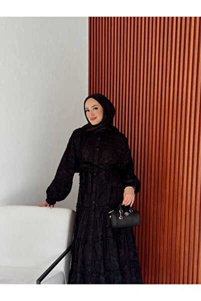 Molly Nelly Rochie neagră cu nasturi, cu broderie florală, pentru femei