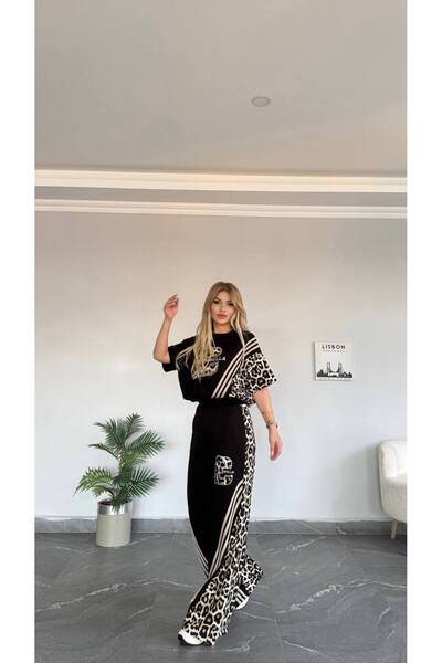 bonibon butikk Women's New Season High Quality Leopard Patterned Top and Bottom Set